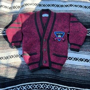 VTG TUFF GEAR MAROON WORLD PATCH CARDIGAN SWEATER SIZE 4 BOYS ACRYLIC WOOL